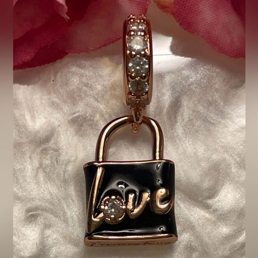 Bracelet Charm Rose Gold Love Lock with Rhinestones